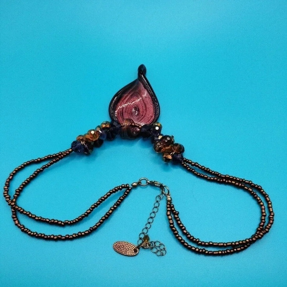 Jules B Fashion Statement Glass Beads and Pendant Necklace Brown Glitter Tones - Picture 5 of 7